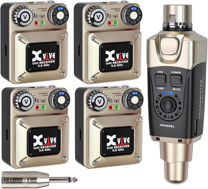 Xvive U45R4 Wireless in Ear Monitor System 5.8ghz IEM System 1 Transmitter and 4 Bodypack Receiver for Studio, Band Rehearsal, Live Performance, Channel Scan Mode