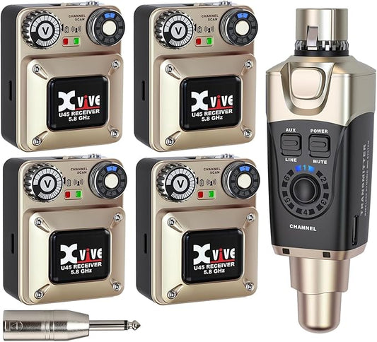 Xvive U45R4 Wireless in Ear Monitor System 5.8ghz IEM System 1 Transmitter and 4 Bodypack Receiver for Studio, Band Rehearsal, Live Performance, Channel Scan Mode