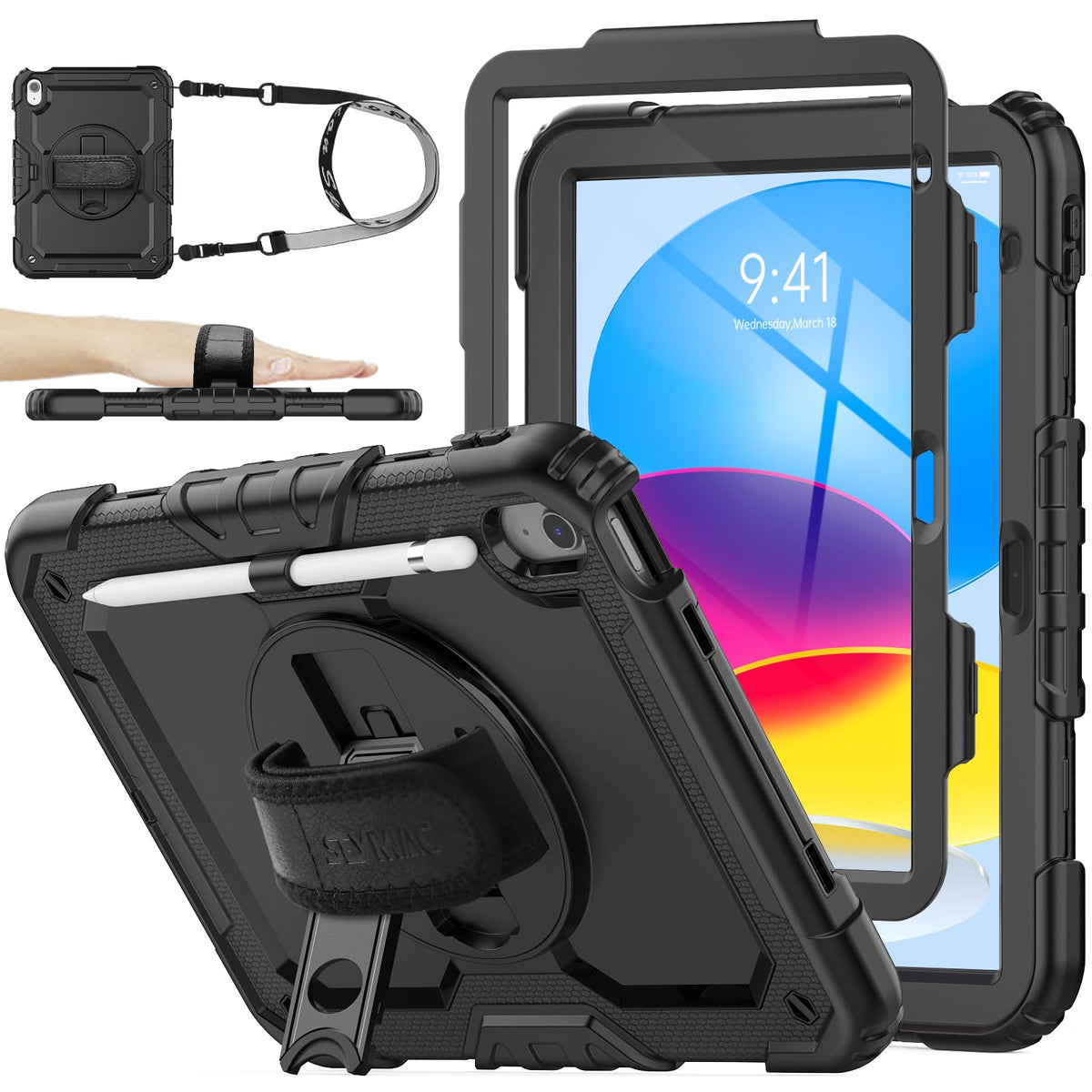 SEYMAC stock Case for iPad (A16) 11th/10th Generation 11''/10.9'' 2025/2022, Full-Body Drop Protection Case with Screen Protector &360° Rotate Hand Strap/Stand, Pink+Black
