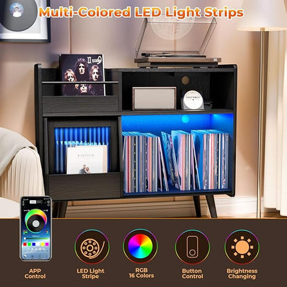 Large Record Player Stand with Sliding Door,350 Vinyl Record Storage Cabinet, Record Player Table with Power Outlet and LED Light,Turntable Stand with Wood Legs for Living Room,Bedroom,Office