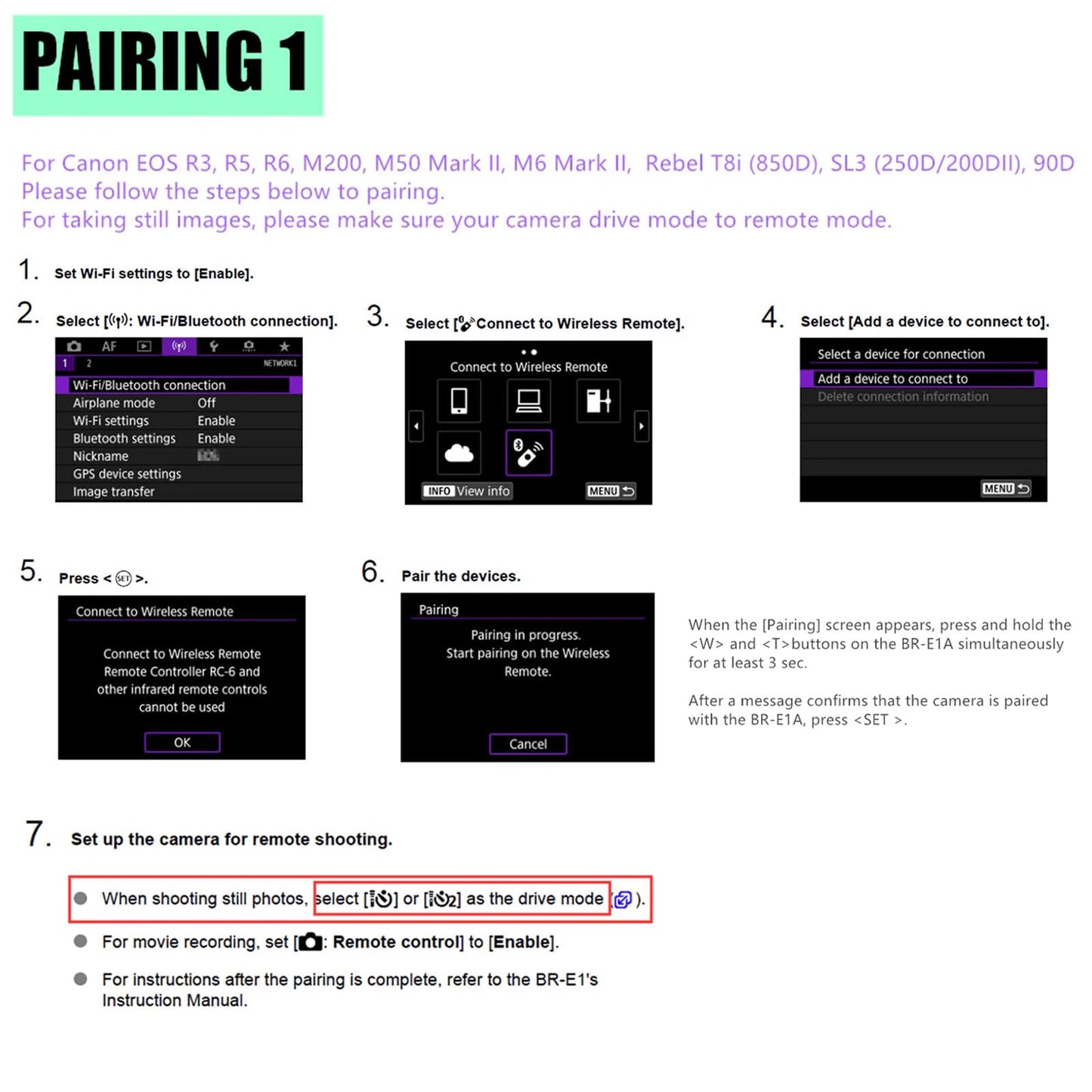 Wireless Camera Remote Shutter Release for Canon R3/ R7/ R10/ M50/ EOS M6 Mark II/R/RP /90D /6D Mark II /R5/ R6 /800D /850D /250D/Rebel SL2 /T7i /G5 X Mark II /G7 X Mark III, Replace Canon BR-E1