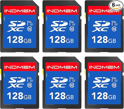 INDMEM SD Card 128GB 6-Pack, Class 10 128GB High Speed up to 90M/S Full HD Video Flash Memory Card MLC Standard Secure Digital Cards Camera Cards