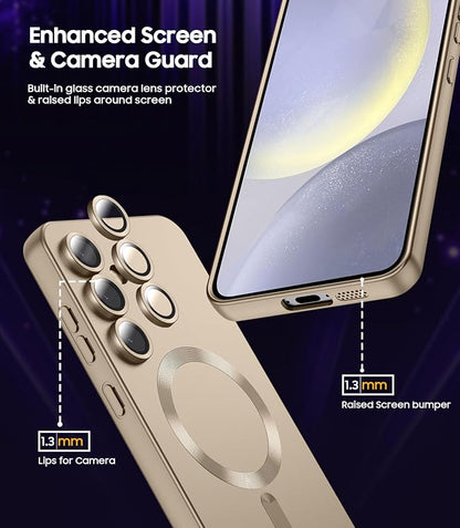 Magnetic for Samsung Galaxy S24 Case [Compatible with MagSafe][Built-in Camera Lens Protector] Slim Soft Silicone Bumper Shockproof Metallic Luster Phone Case (Gold)