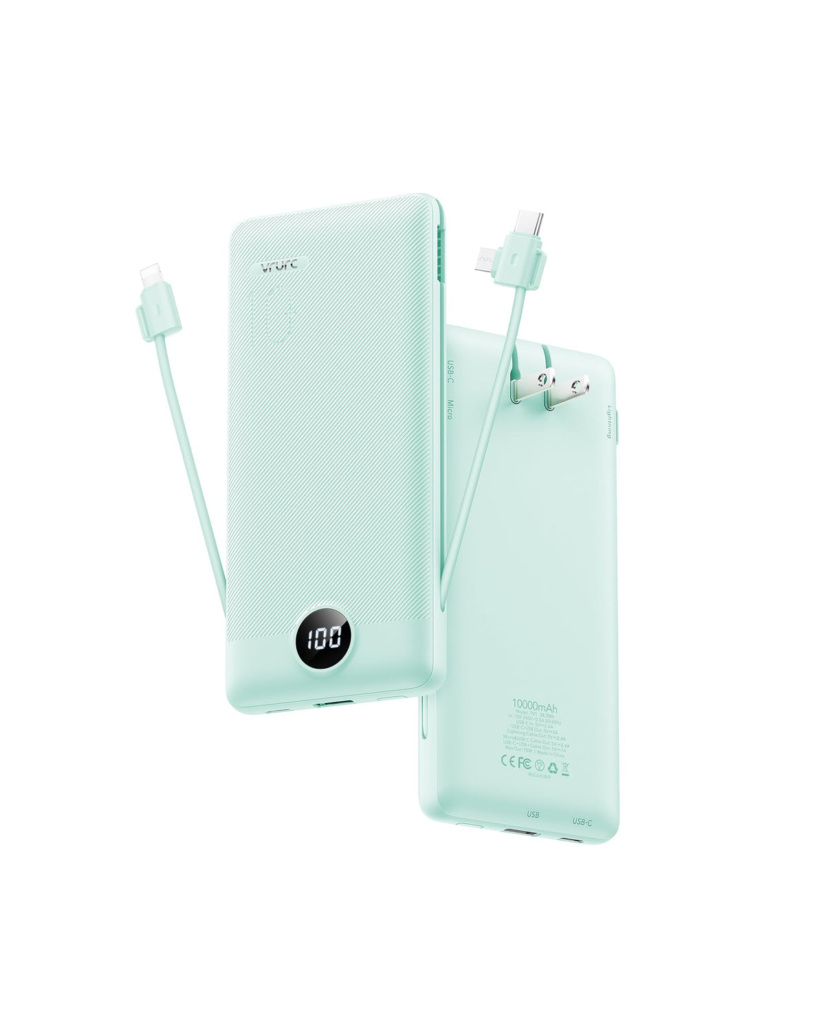 Portable Charger Built-in Cables and AC Wall Plug, VRURC USB C Power Bank 10000mAh, Travel Battery Portable Phone Charger Compact Lightweight External Battery Pack for SmartPhones,Tablets-Viva Magenta