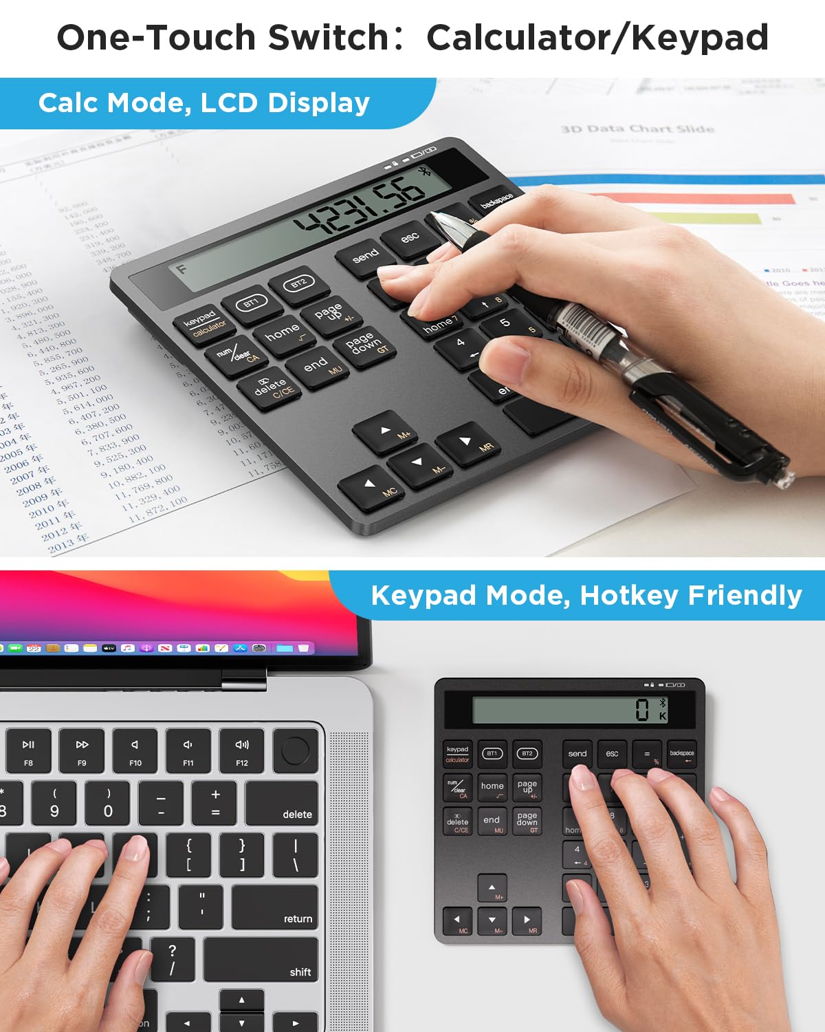 Rechargeable Wireless Number Pad for Laptop, 34 Keys Numeric Keypad with Dual Bluetooth & Display, 2-in-1 Numpad and Calculator, Slim Portable Number Pad Keyboard for Windows, Mac, PC, Tablet