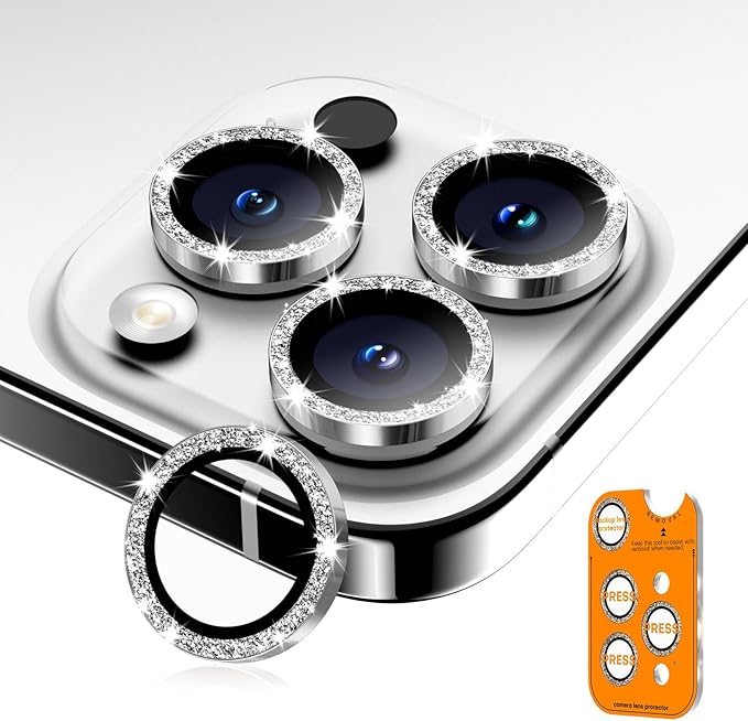 Camera Lens Protector for iPhone 16 Pro Max/16 Pro/15 Pro Max/15 Pro/14 Pro Max/14 Pro, Sapphire Glass Metal Individual Camera Cover Screen, Anti-drop, Case Friendly- Glitter White Titanium