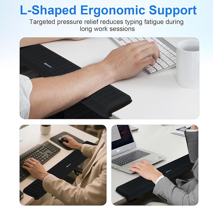 UnivoColors PostureUp L-Shaped Desk Long Wrist Rest Elbow, Non-Slip, Memory Foam, Desk Edge Support, Ergonomic Design for Long-Hour Work (23.6 * 3.9 inch One-Piece Design,Black)