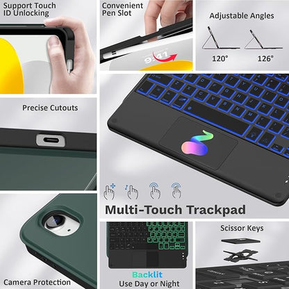 MoKo Touch Keyboard Case for iPad (A16) 11th Generation 11 inch 2025,iPad 10th Generation 10.9 inch Case with Pencil Holder,7 Colors Backlit Multi-TrackPad Detachable Bluetooth Keyboard,Midnight Green