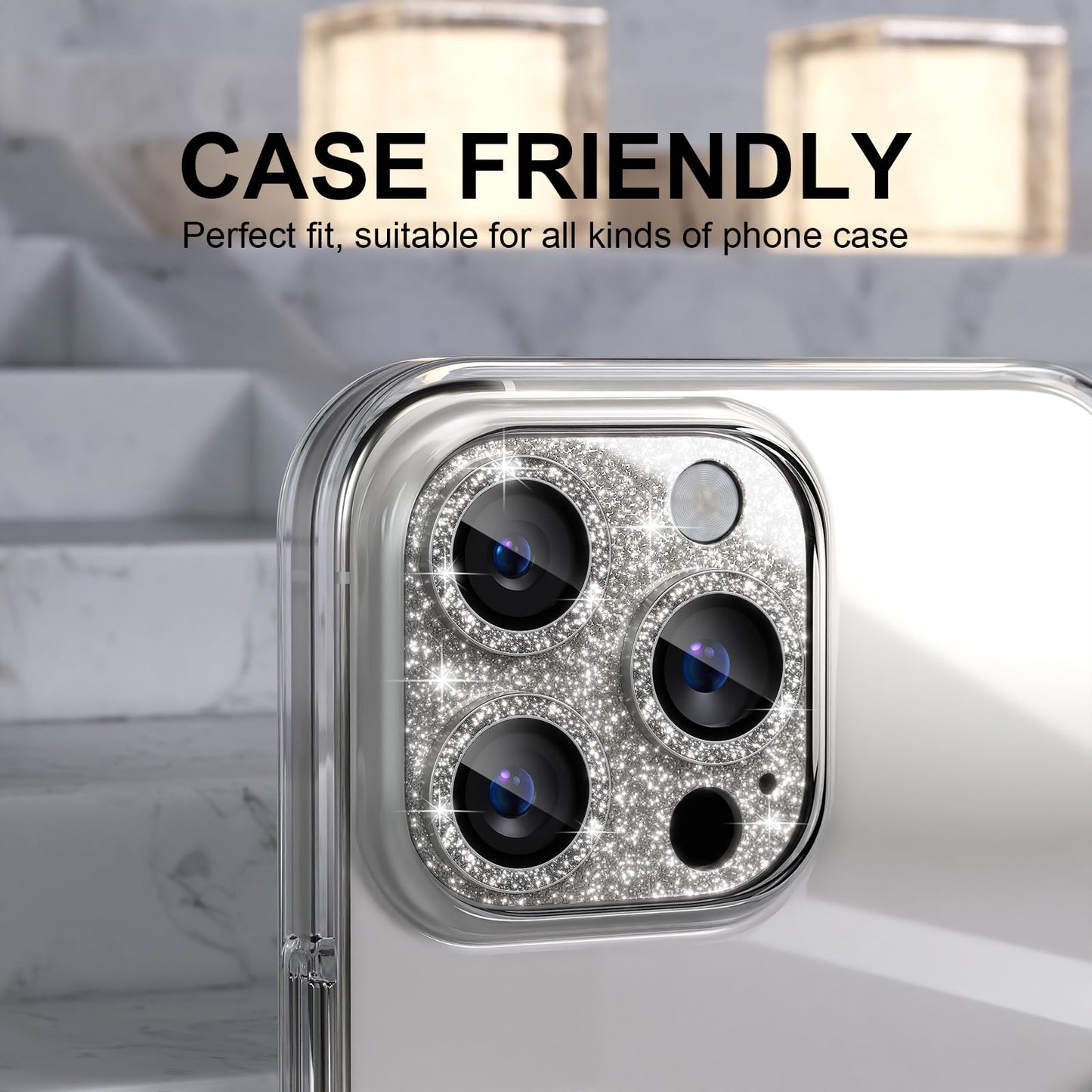 Choiche Compatible for iPhone 16 Pro/iPhone 16 Pro Max Camera Lens Protector, Bling Camera Cover with 9H Tempered Glass Lens Screen Protector Metal Ring Accessories (Glitter-Titanium Natural)