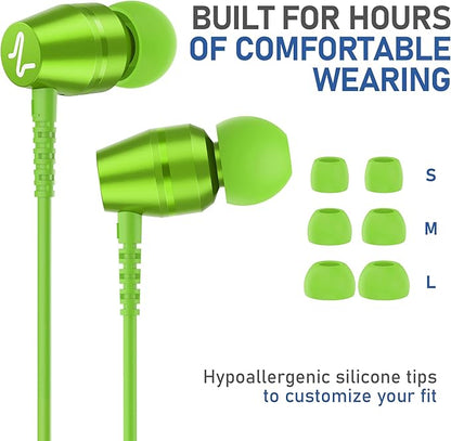 LUDOS OMNITONE Wired Earbuds in-Ear Headphones, 5 Years Warranty, Earphones with Microphone, 3.5 mm Jack Corded Ear Buds, Videoconference for iPhone, Samsung, Laptop, Kids, School Students - Green