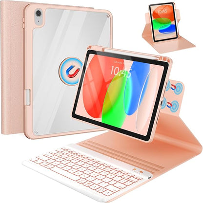 BLUTLOTUS for iPad 11th (A16) 10th Generation Case with Keyboard (2025/2022) - 360° Rotatable Magnetic Folio Cover, 7 Color Backlit Detachable Keyboard with Pencil Holder (Rose Gold)
