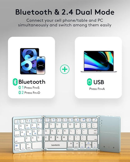 Samsers Multi-Device Foldable Bluetooth Keyboard with Touchpad, Rechargeable Dual-Mode(2.4G+BTx2) Wireless Keyboard with Holder, Portable Folding Keyboards for Android Windows iOS Mac OS - Blue