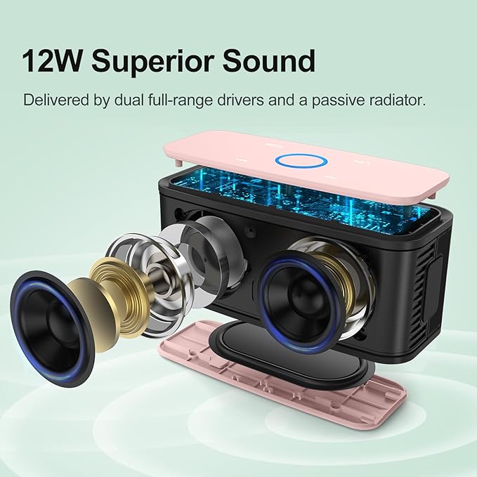 DOSS SoundBox Touch Wireless Bluetooth Speaker with 12W HD Sound and Bass, IPX5 Water-Resistant, 20H Playtime, Handsfree, Portable for Office, Home, Outdoor, Travel- Light Pink