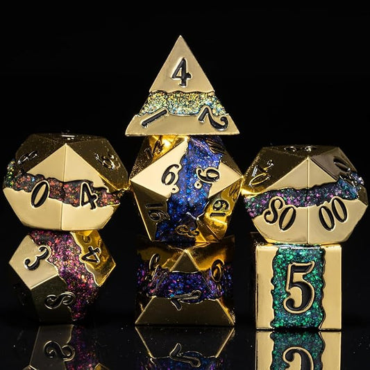 Metal DND Dice Set,Mica Glitter Stripe Dice Set with Gift Box,Metallic 7pcs Polyhedral Dice Set for RPG