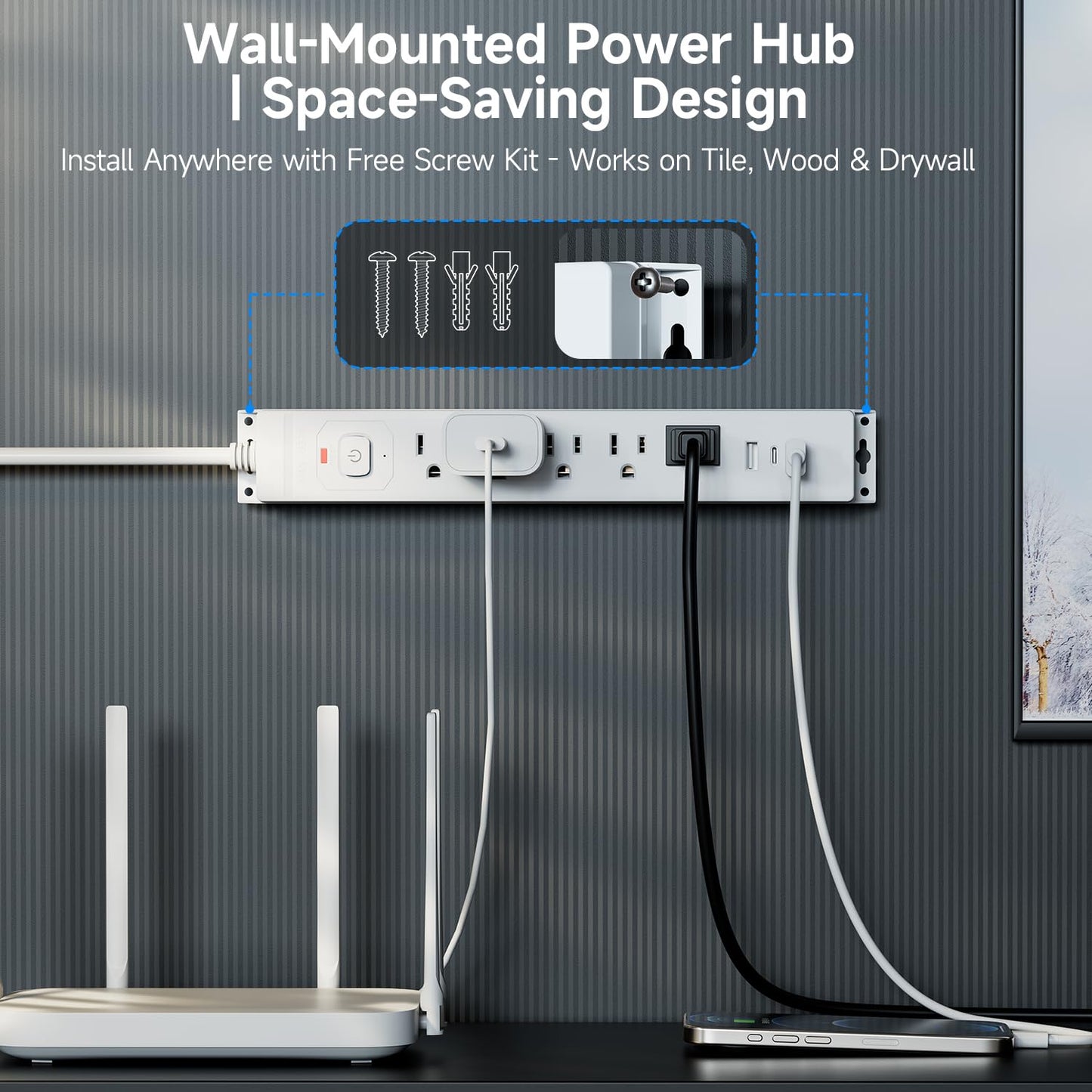 15 Ft Power Strip Surge Protector with USB Ports, Flat Plug Extension Cord, 5 AC Outlets and 3 USB Charging Ports, Wall Mountable for Home, Office, Dorm
