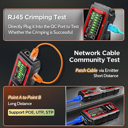AMPCOM Wire Tracker & Network Cable Tester with PoE Detection, NCV Voltage Detection, RJ45/RJ11 Line Tracer, Type-C Rechargeable, LED Light, for LAN/Ethernet/Telephone Continuity Testing