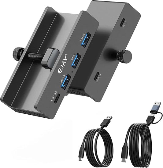 EJAY Clamp USB Hub for Desk & Monitor, 4-Port USB 3.0 Desktop Hub for iMac & MacBook, Mountable USB C Splitter for Home Office Setup, 59" Long Cable Under Desk USB Hub for Floor PC, Black
