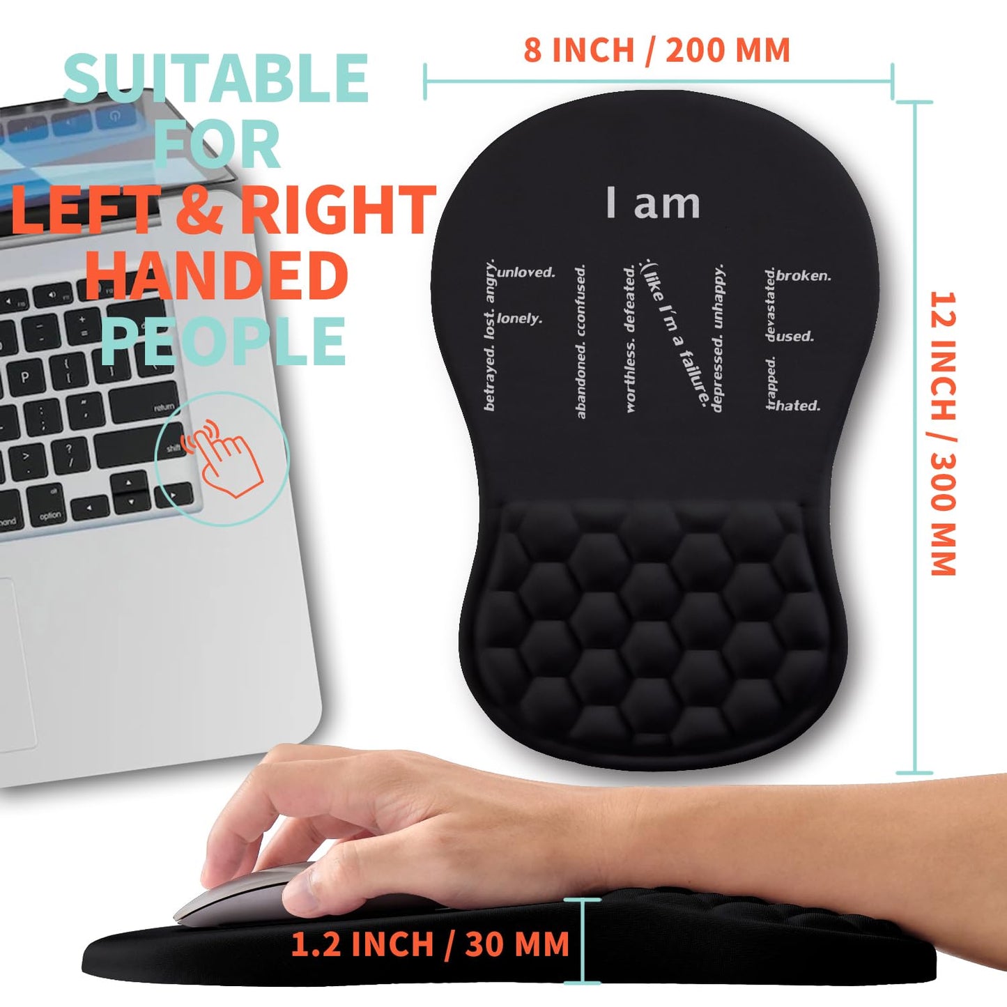 Kuosgm Ergonomic Mouse Pad Wrist Support with Memory Foam Massage Bulge, Carpal Tunnel Pain Relief Mousepad Wrist Rest for Mouse(12x8 inch, I Am Fine)