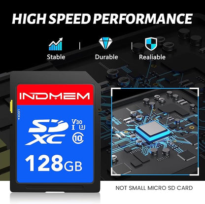 INDMEM SD Card 128GB 6-Pack, Class 10 128GB High Speed up to 90M/S Full HD Video Flash Memory Card MLC Standard Secure Digital Cards Camera Cards