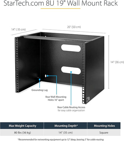 StarTech.com 8U Wall Mount Patch Panel Bracket - 13.75 inch Deep - 19" Patch Panel Rack & 1U Server Rack Shelf - Universal Vented Rack Mount Cantilever Tray, Black (CABSHELFV1U)
