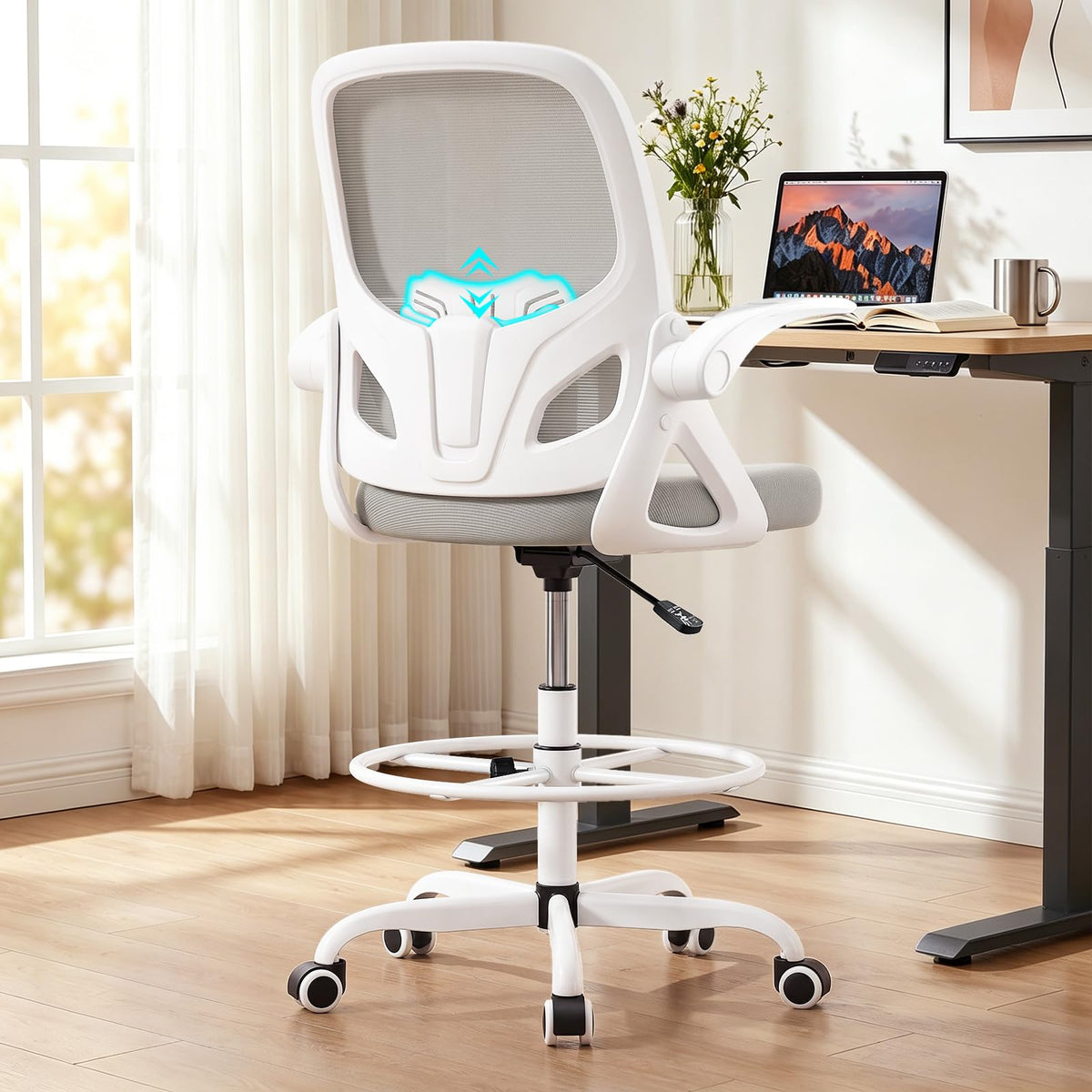 Kensaker Drafting Chair Tall Office Chair, Ergonomic Standing Desk Chair with Adjustable Foot Ring and Flip-up Armrests, Mesh Computer Chair for Art Studio, 300 LBS, Gray