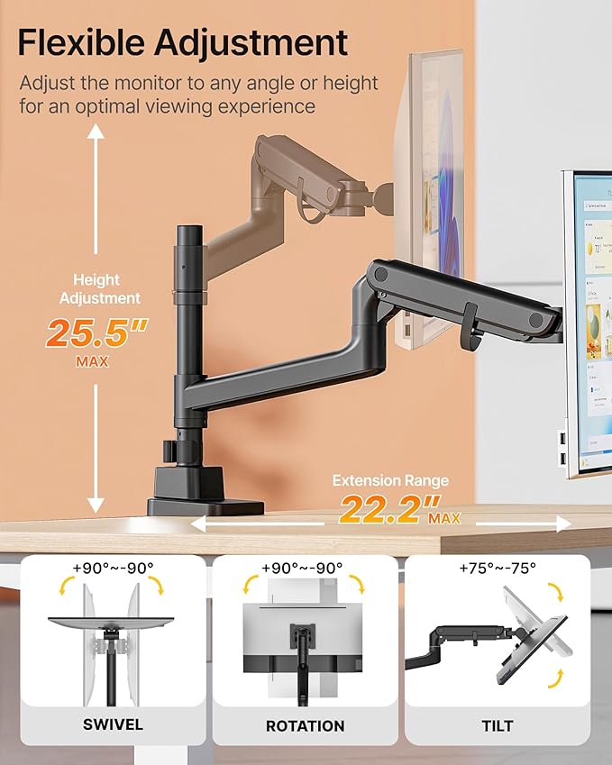 monTEK Ultrawide Monitor Arm Max 57",Height Adjustable 25.5",with USB，Black