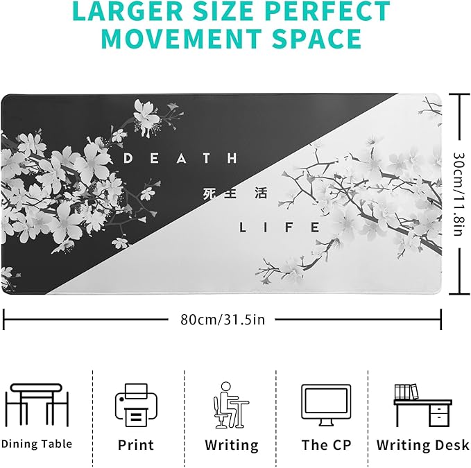 Black and White Mouse Pad 31.5 X 11.8 Inch Japanese Cherry Blossom Extended Large Mouse Mat Non-Slip Rubber Mousepad Stitched Edges Keyboard Mouse Mat Desk Pad for Office Home Game