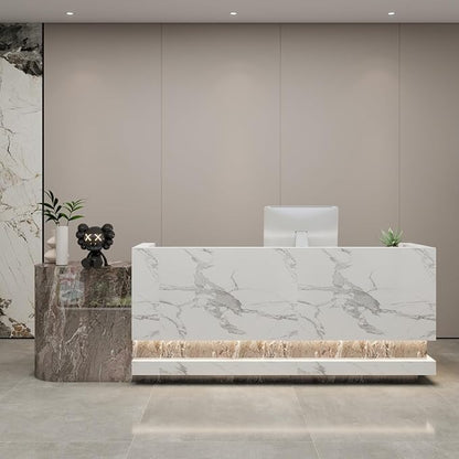 Front Desk Reception Counter - Lockable Storage & Keyboard Tray | Reception Desk with Counter, Customizable Large Counter Table (Grey+White, 64'')