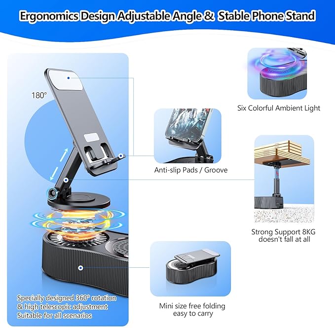 Gifts for Men Women,Cell Phone Stand with Wireless Bluetooth Speaker,Colorful Ambient Light 360° Foldable for Tablet iPhone Android 2 Wireless Microphones HD Surround Sound (Black)
