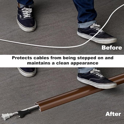 10FT Side-Open Extension Cord Covers for Wires on Floor,Silicone Power Cable Protector Cord Hider Management Strip,Hide Electric Wire on Carpet,Chord Runner Protective Safety Wiremold,Brown