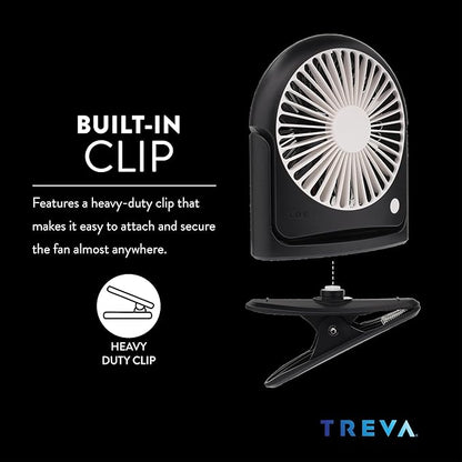 Treva 5 Inch Rechargeable Powered Clip Fan 3 Speed Slim and Portable Indoor and Outdoor Cooling Multi-Directional