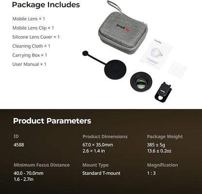 SMALLRIG 75mm HD Master Macro Lens, T-Mount Lens for iPhone, for Samsung, for Huawei, for Xiaomi, Macro Photography Phone Camera Lens Attachment - 4588