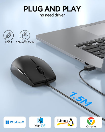 TECKNET USB-A Wired Mouse for Laptop Computer with 2-Button,Home and Office 5FT Corded Mouse, 1600DPI Ergo-Optic Shape PC Mouse Wired for Chromebook,PC,Desktop,Notebook-Black