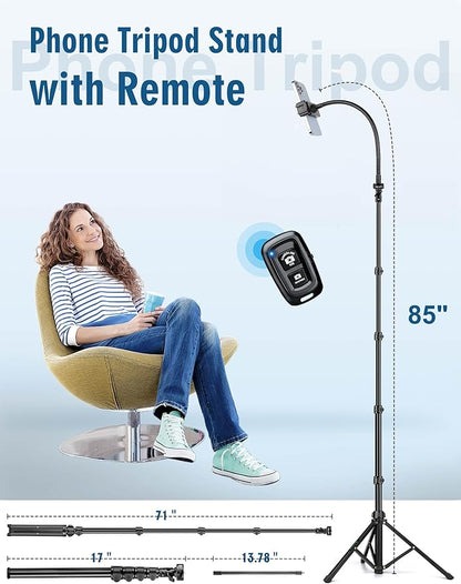 Phone Tripod, 85" Tripod for Cell Phone iPhone with Gooseneck, Aluminum Tripods Stand for Video Recording Photo Vlog, Travel Cellphone Tripod with Remote Compatible with iPhone Android