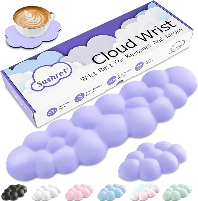 Cloud Wrist Rest Keyboard, Cloud Keyboard Wrist Pad Set with PU Leather Memory Foam, Cute Arm Rest for Palm Support, PC/Gaming Desk Accessories/Office Setup/Computer Hand Cushion - Purple
