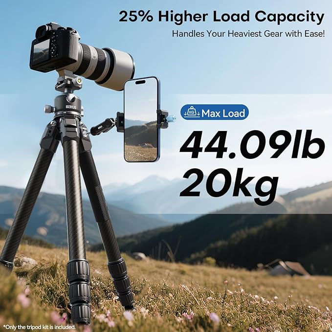 SIRUI Professional Travel Carbon Fiber Tripod 20kg/44lbs Load, Max Tube Dia 29.44mm, Max 128cm/50.4" Height with 43mm Low-Profile Ball Head for DSLR/Mirrorless/Video (AM-284S+G1)