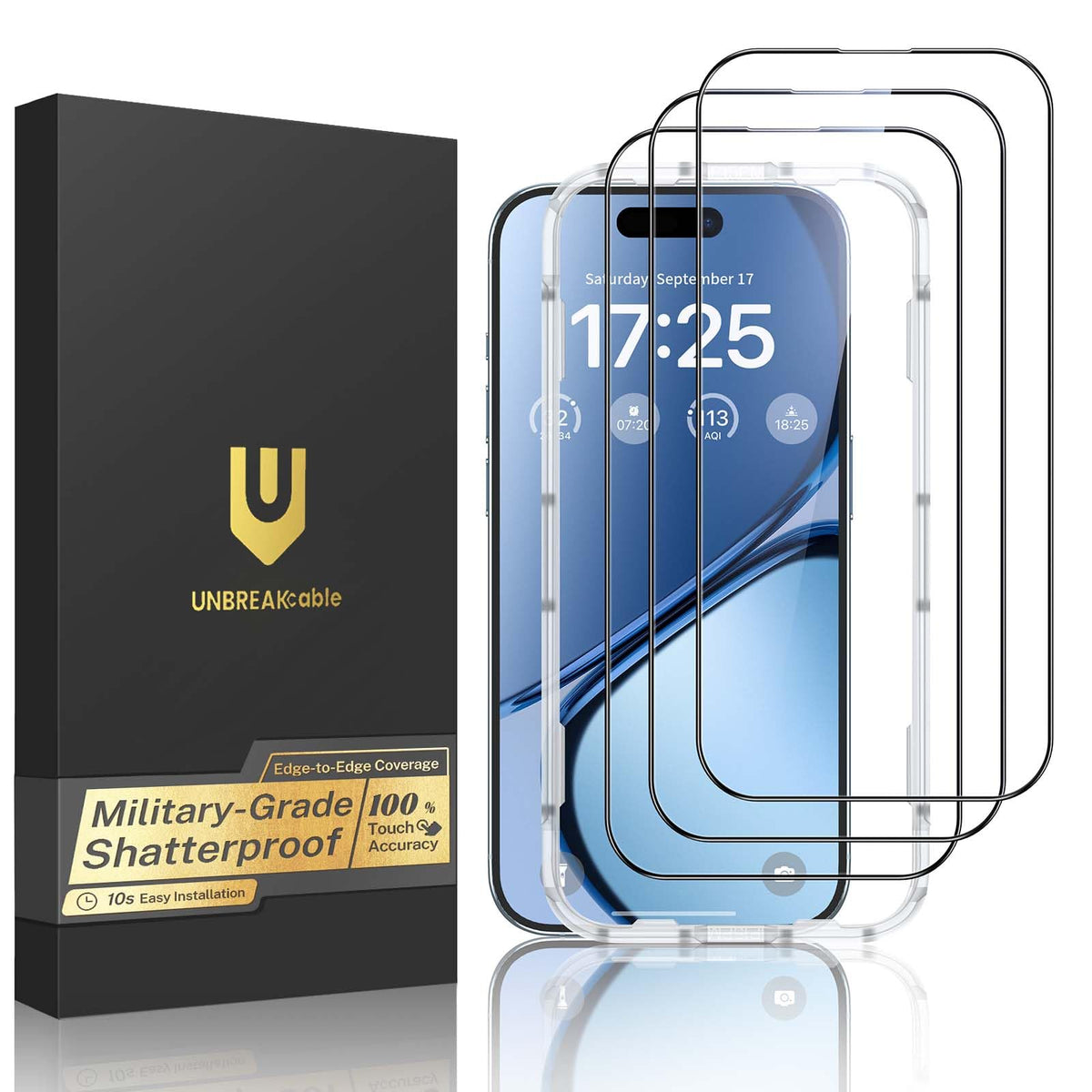 UNBREAKcable 3-Pack Screen Protector for iPhone 15, Double Shatterproof Tempered Glass [Easy Installation Frame] [99.99% HD Clear] [9H Hardness] [Full Coverage] [Case Friendly] for Apple 15 6.1 inch