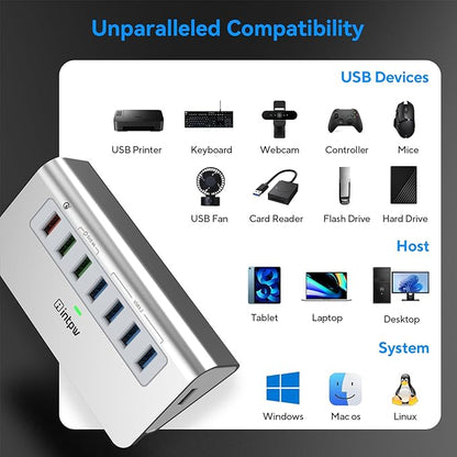 Powered USB Hub 10Gbps, Aluminum 7 Port USB 3.2 Data Hub with 4 USB 3.2 Gen 2 Ports, 3 Fast Charging Ports, 30W Power Adapter, Type A & C Cable for Mac, PC, Laptop