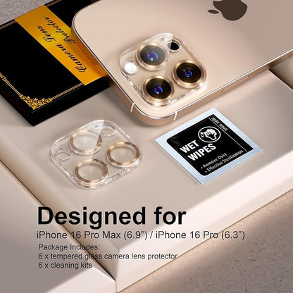 beuxece for 6 Pack iPhone 16 Pro/iPhone 16 Pro Max Camera Lens Protector [Drop Protection] [Case Friendly] [Easy Installation] 9H Tempered Glass Camera Screen Protector Cover, CD Gold