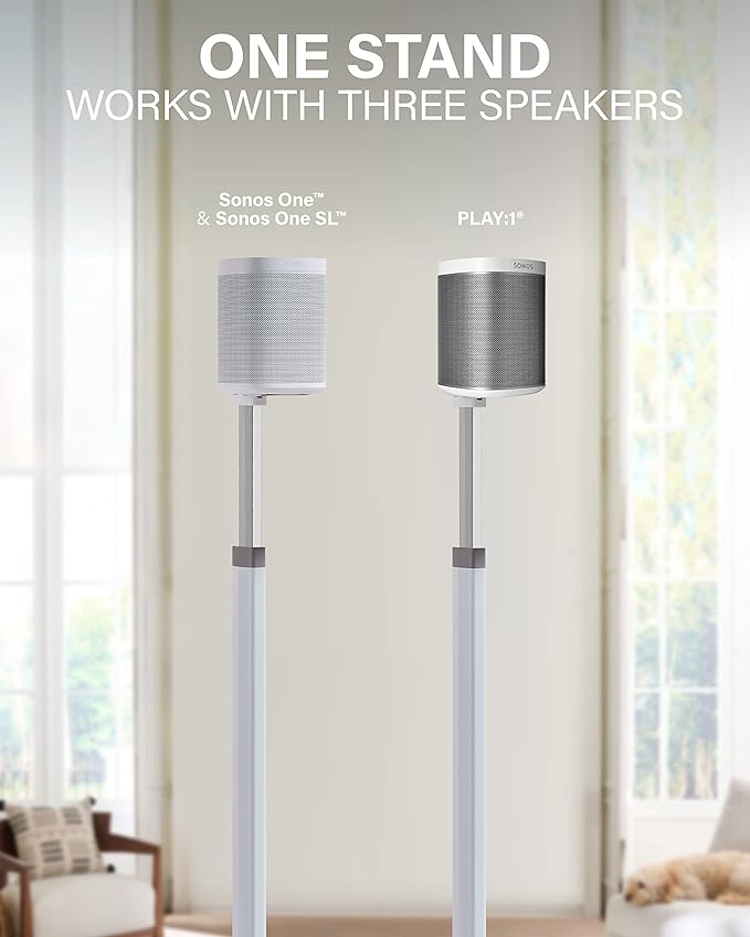 SANUS Adjustable Height Wireless Speaker Stands Designed for Sonos One, One SL, and Play:1 - Tool-Free Adjustment up to 16" and Built-in Cable Management (White)