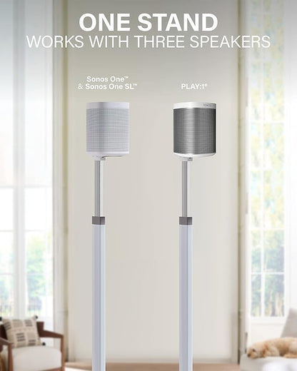SANUS Adjustable Height Wireless Speaker Stands Designed for Sonos One, One SL, and Play:1 - Tool-Free Adjustment up to 16" and Built-in Cable Management (White)