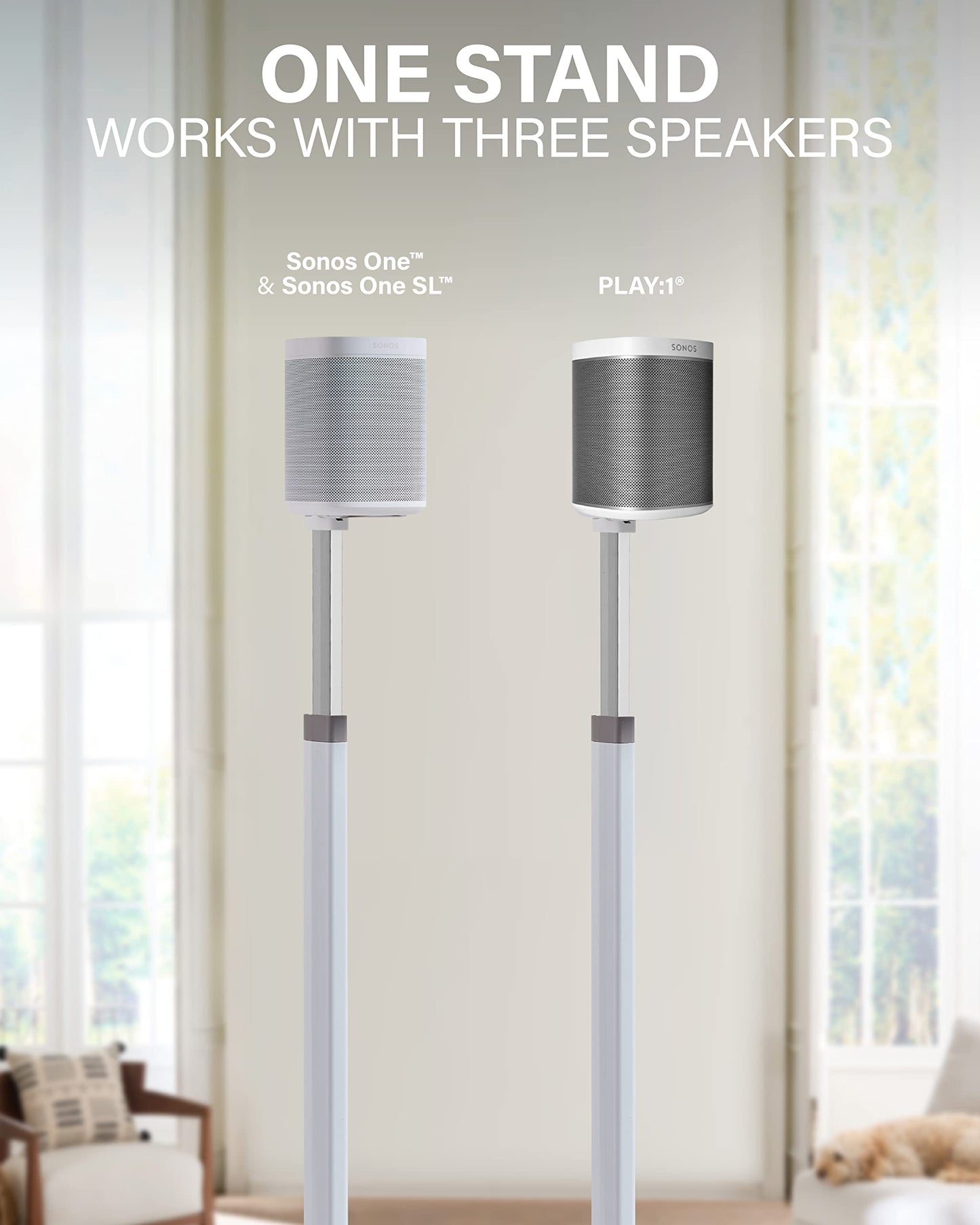 SANUS Adjustable Height Wireless Speaker Stands Designed for Sonos One, One SL, and Play:1 - Tool-Free Adjustment up to 16" and Built-in Cable Management (White)