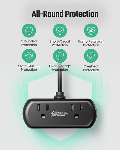 Power Strip with USB, SUPERDANNY Mini Surge Protector with 2 Wide-Spaced Outlets, 3 USB-A 1 USB-C, 5 Ft Extension Cord, Flat Plug, Compact Size Desktop Charging Station Travel, Home, Office, Black