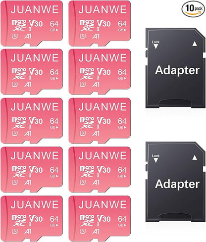 JUANWE 10 Pack 64GB Micro SD Card 64 GB Memory Card MicroSDXC SD Card 64GB TF Cards UHS-I A1 U3 V30 for 4K Video Recording (10 Pack, Pink)