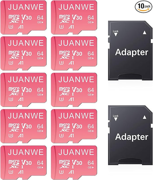 JUANWE 10 Pack 64GB Micro SD Card 64 GB Memory Card MicroSDXC SD Card 64GB TF Cards UHS-I A1 U3 V30 for 4K Video Recording (10 Pack, Pink)