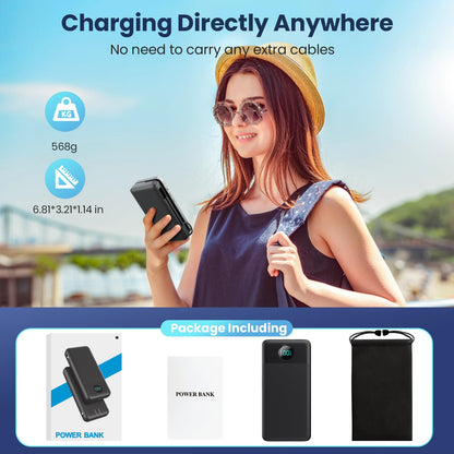 Portable Charger 33800mAh USB C Power Bank with Built-in Cables & AC Wall Plug,25W Fast Charging+QC 4.0 Phone Charger,4 Output Travel Essentials Battery Pack for iPhone16/15/14/13,Samsung,Android etc