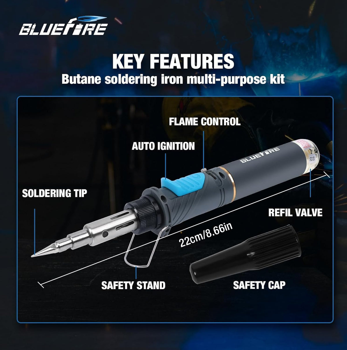 BLUEFIRE MRT-1117K Cordless Butane Soldering Iron Kit Portable Multi-Purpose Mini Torch for Electronics, Jewelry, Welding & Brazing|Self-Igniting,Flame Control,Light Weight,Rapid Heat Up,Inflatable