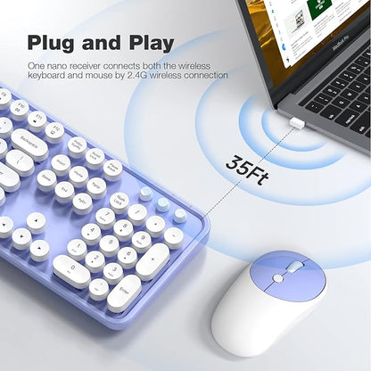 KNOWSQT Wireless Keyboard and Mouse Combo - White-Purple Full-Sized 2.4 GHz 104 Keys Typewriter Cute Keyboard, Round Keycap and Optical Mouse for Windows, Computer, PC, Laptop, Desktop