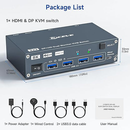 HDMI Displayport Hybird KVM Switch 2 Monitors 2 Computers 8K@60Hz 4K@144Hz, Aluminum Dual Monitor KVM Switches for 2 PC Share 2 Monitor and 4 USB Devices, Support Extended/Copy Mode,Cables Included