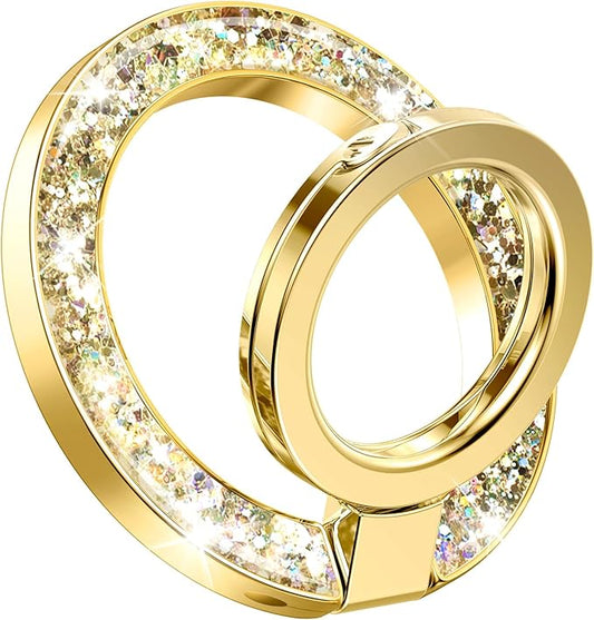 GVIEWIN Magnetic Phone Ring Holder, Compatible with MagSafe Phone Grip with Adjustable Stand, Magnet Phone Ring Kickstand for iPhone 17/16/15/14/13/12 Pro Max Plus Air/Other Phones (Glitter/Gold)